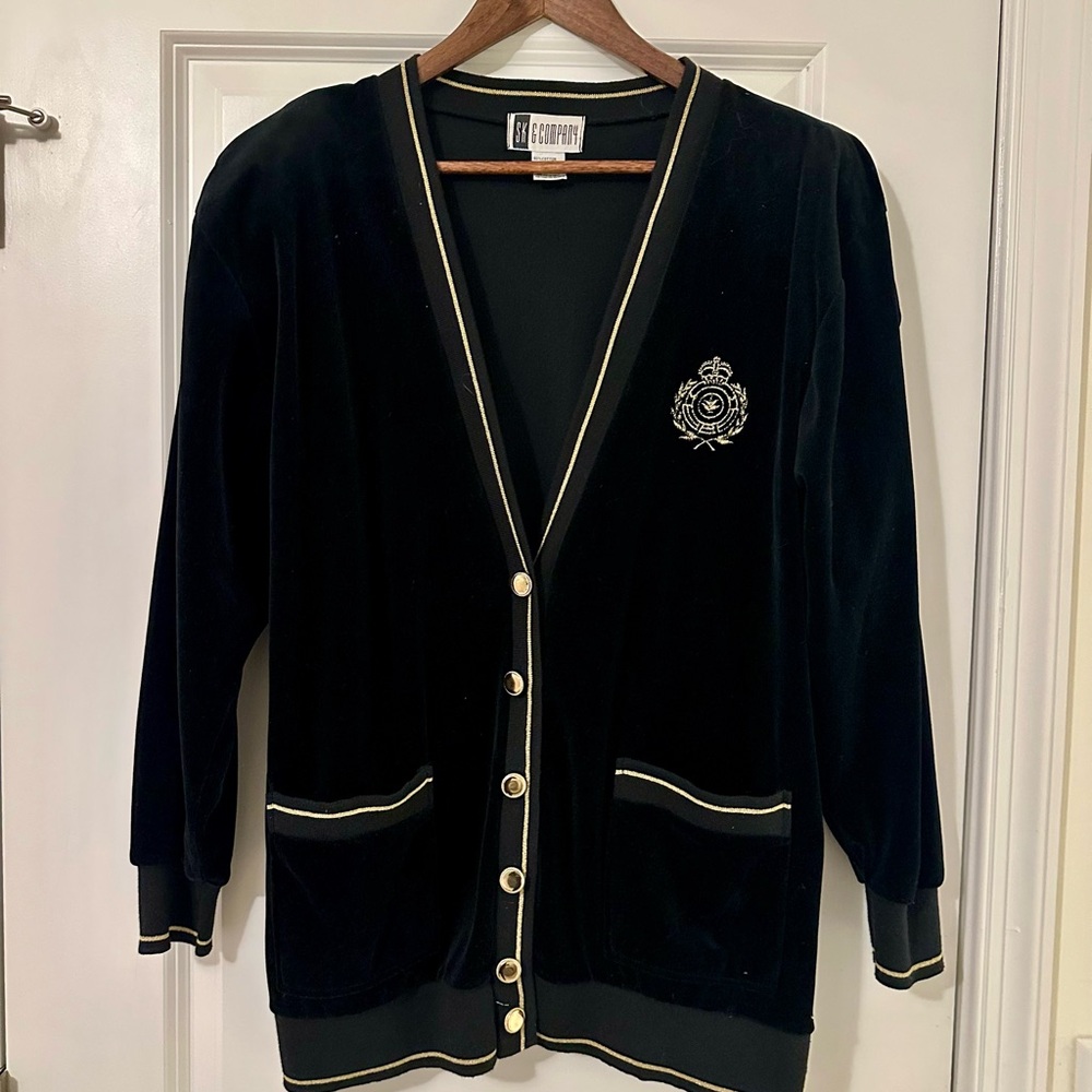 Vintage Velvet Black And Gold Cardigan with Gold Buttons SK&Company